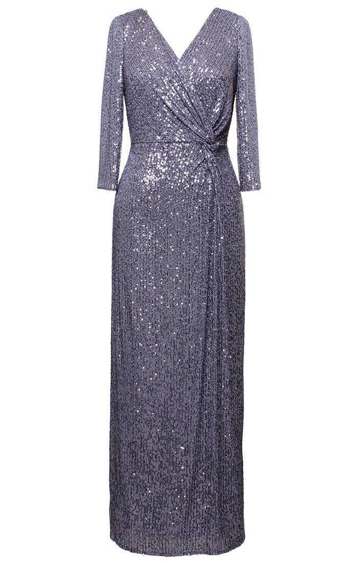 *Plus Long Column Sequin Gown with Surplice Neckline, 3/4 Sleeves and Knot Waist Detail - alexevenings.com