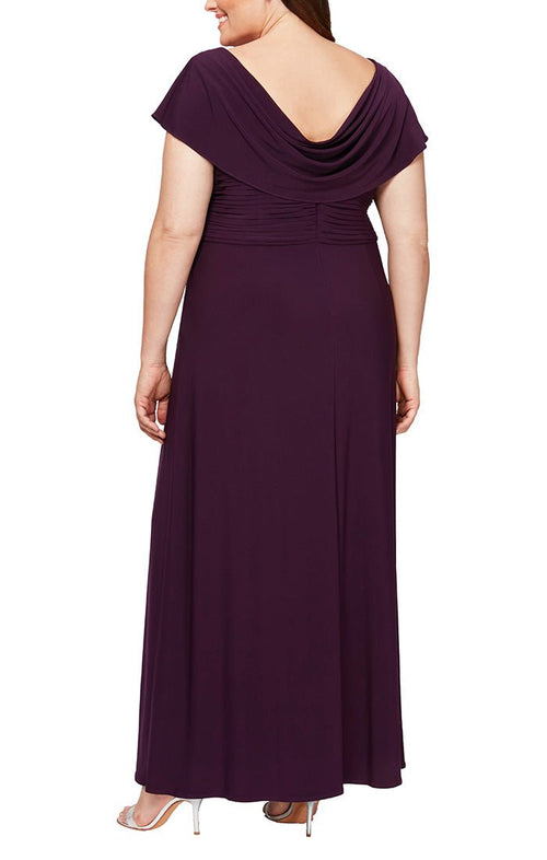 Plus Long Cowl Neck A-Line Matte Jersey Dress with Pleated Bodice Detail, Cowl Back, and Embellishment Detail at Waist - alexevenings.com