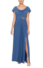 Plus Long Cowl Neck A-Line Matte Jersey Dress with Pleated Bodice Detail, Cowl Back, and Embellishment Detail at Waist - alexevenings.com
