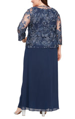 Plus Long Embroidered Jacket Dress with Illusion Jacket, Scallop Detail and A-Line Skirt - alexevenings.com
