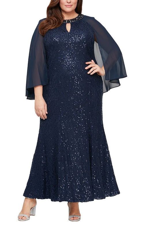 Plus - Long Fit and Flare Sequin Lace Gown with Embellished Keyhole Cutout Neckline and Chiffon Capelet Sleeves - alexevenings.com