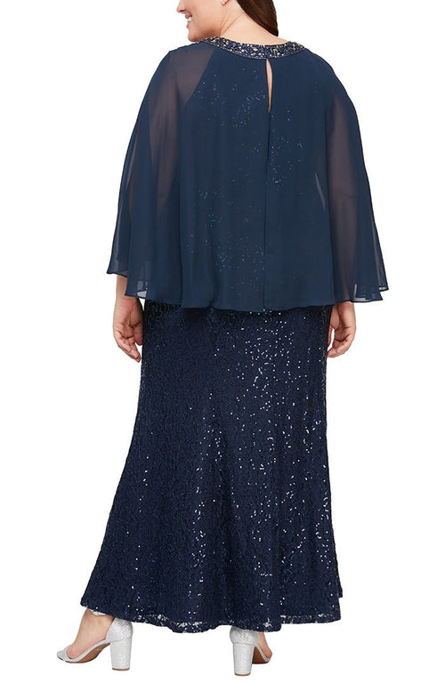 Plus - Long Fit and Flare Sequin Lace Gown with Embellished Keyhole Cutout Neckline and Chiffon Capelet Sleeves - alexevenings.com