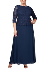 Plus Long Lace Mock Dress with Chiffon Skirt and Sequin Detail on Bodice - alexevenings.com