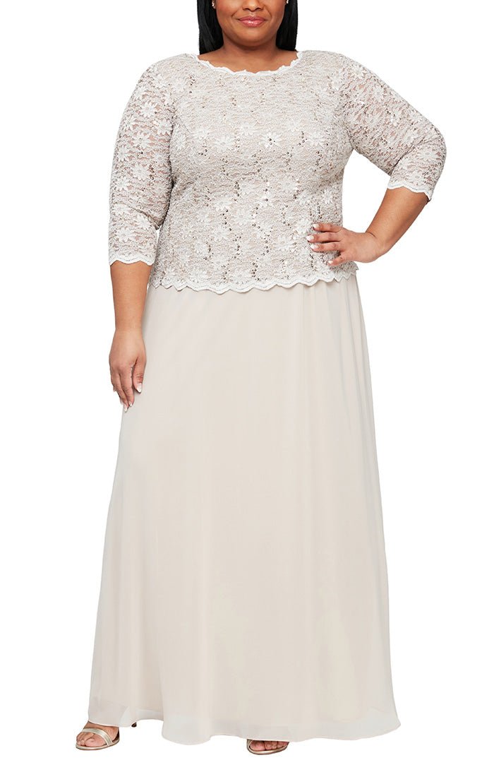 Plus Long Lace Mock Dress with Chiffon Skirt and Sequin Detail on Bodice - alexevenings.com
