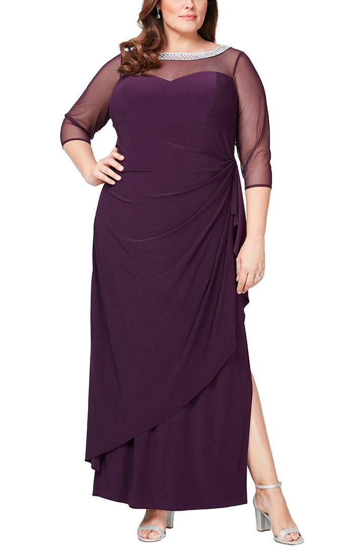 Plus Long Matte Jersey Illusion 3/4 Sleeve Side Ruched Dress with Embellished Neckline - alexevenings.com