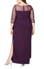 Plus Long Matte Jersey Illusion 3/4 Sleeve Side Ruched Dress with Embellished Neckline - alexevenings.com