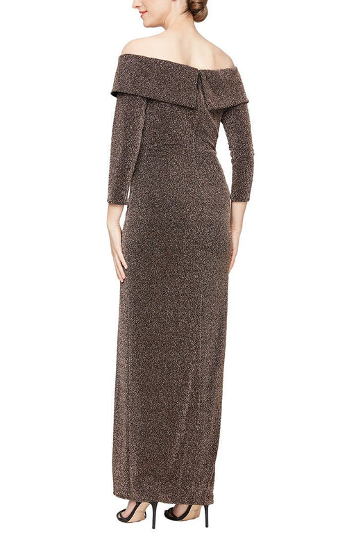 Plus Long Off The Shoulder Dress with Long Sleeves and Front Slit - alexevenings.com