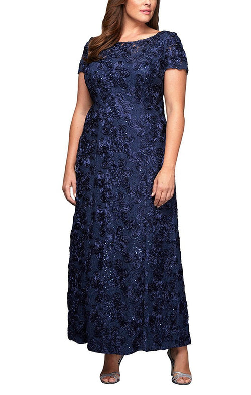 Plus Long Rosette A-Line Gown with Sequin Detail & Short Illusion Sleeves - alexevenings.com