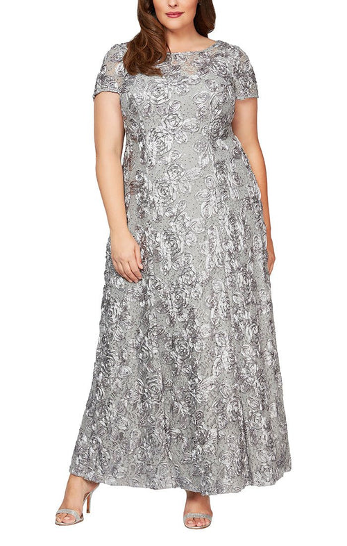 Plus Long Rosette A-Line Gown with Sequin Detail & Short Illusion Sleeves - alexevenings.com