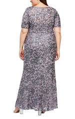 Plus Long Sequin V-Neck Dress with Short Sleeves - alexevenings.com