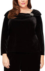 Plus Long Sleeve Velvet Blouse with Ruched Collar Neckline & Decorative Broach - alexevenings.com