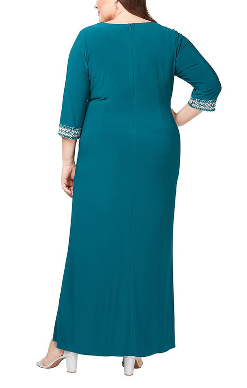 Plus Long Surplice Neckline Matte Jersey Dress with Embellished Cuffs, Pleated Waist Detail & Cascade Skirt - alexevenings.com