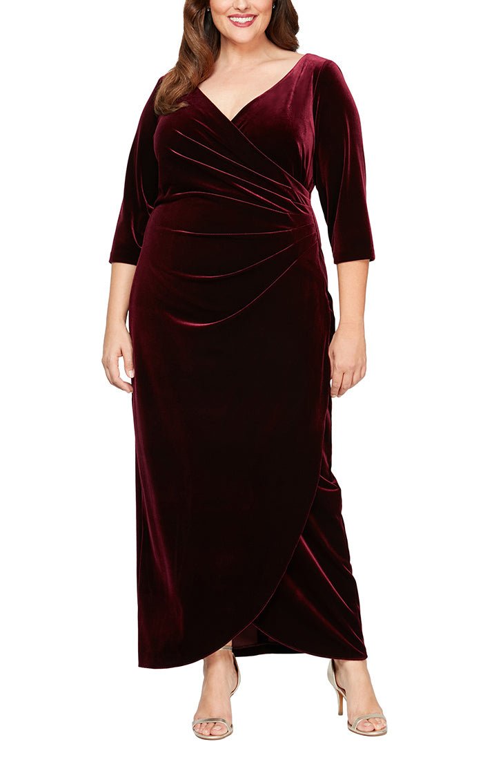 Plus Long Surplice Neckline Velvet Dress with Tulip Overlay Hem Skirt & 3/4 Sleeves - alexevenings.com