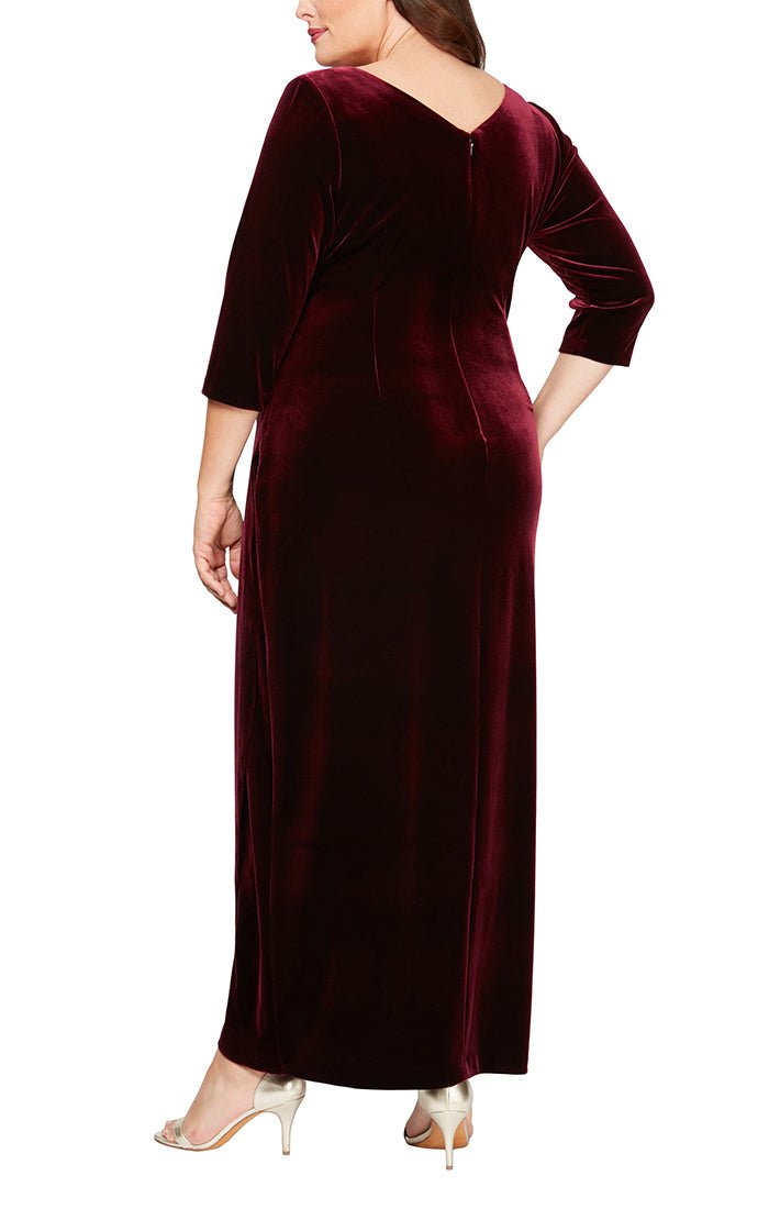 Plus Long Surplice Neckline Velvet Dress with Tulip Overlay Hem Skirt & 3/4 Sleeves - alexevenings.com