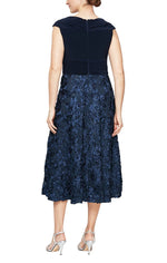 Plus - Midi Length A-Line Sleeveless V-Neck Dress with Soutache Skirt and Pleated Bodice Detail - alexevenings.com