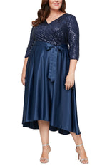 Plus Midi Length Party Dress with Surplice Neckline, Tie Belt and Full Skirt - alexevenings.com