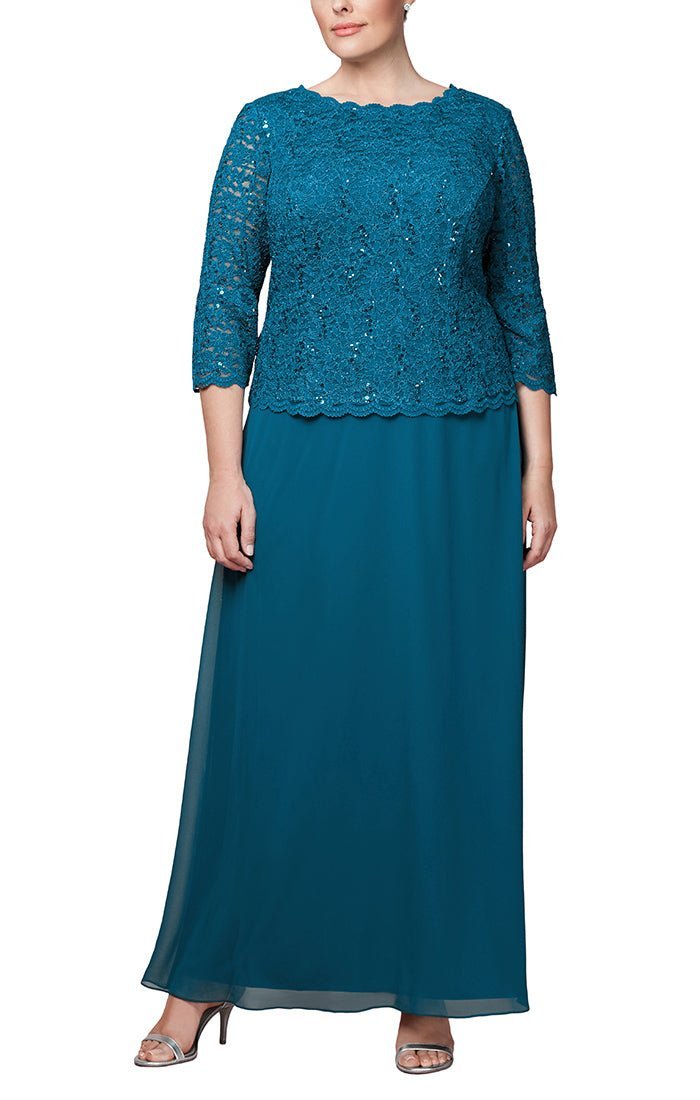 Plus - Mock Two Piece Dress with Lace & Sequin Bodice & Chiffon Skirt - alexevenings.com