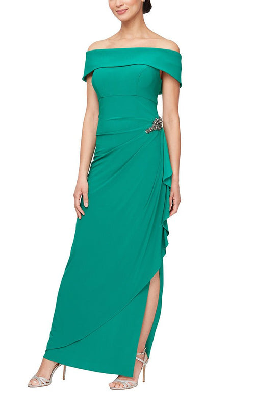 Plus Off The Shoulder Dress with Foldover Cuff, Embellishment Detail at Hip & Front Slit - alexevenings.com