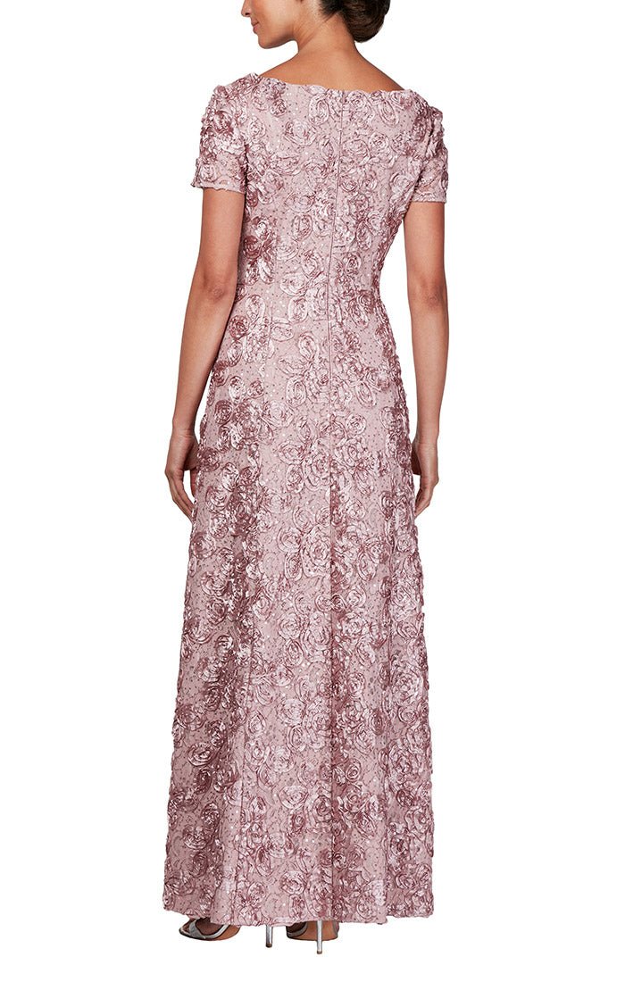 Plus - Rosette A-Line Gown with Sequin Detail & Short Illusion Sleeves - alexevenings.com