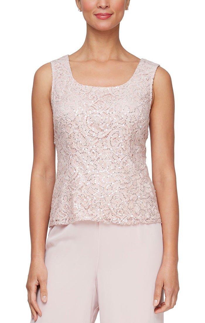 Plus Sequin Lace Twinset with Scoop Neck Tank & Embellished Closure Jacket - alexevenings.com