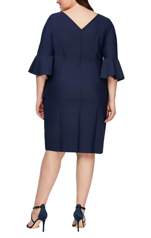 Plus Sheath Compression Cocktail Dress with Bell Sleeves, Embellished Hip & Cascade Ruffle Detail - alexevenings.com