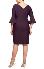 Plus Sheath Compression Cocktail Dress with Bell Sleeves, Embellished Hip & Cascade Ruffle Detail - alexevenings.com