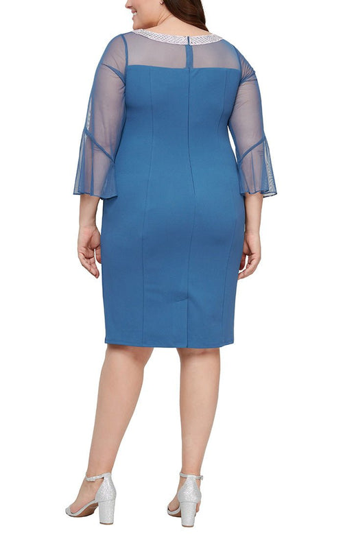 Plus - Sheath Crepe Cocktail Dress with Beaded Illusion Neckline & Bell Sleeves - alexevenings.com