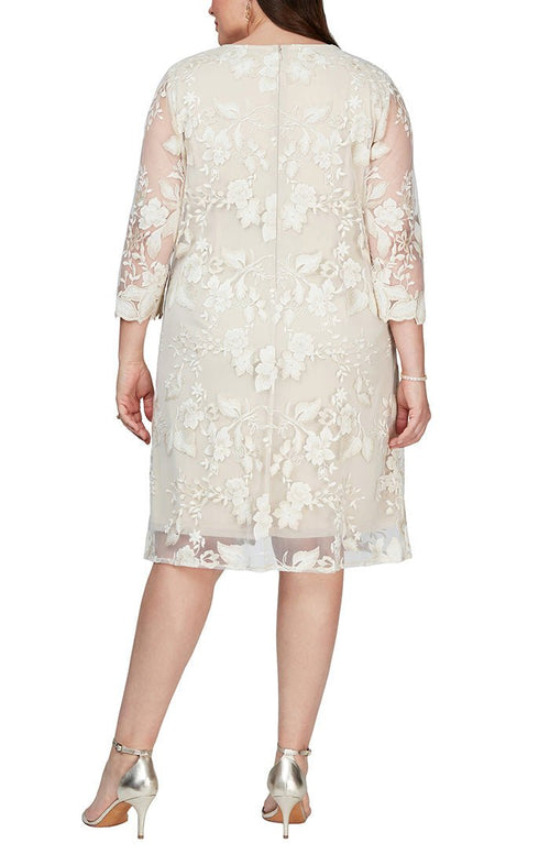 Plus Short Embroidered Mock Jacket Dress with Attached Jacket and Solid Underlay Dress - alexevenings.com