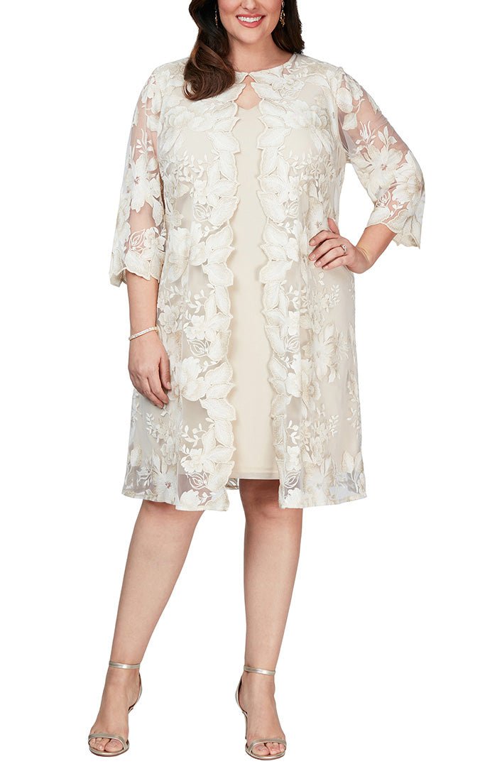 Plus Short Embroidered Mock Jacket Dress with Attached Jacket and Solid Underlay Dress - alexevenings.com