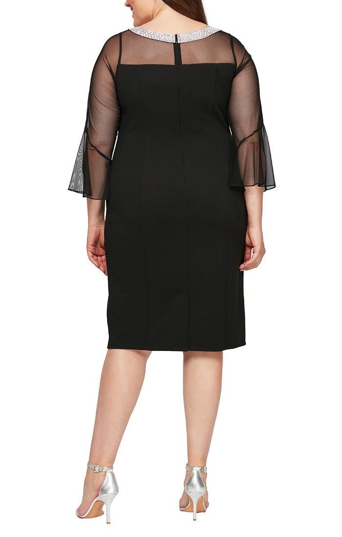 Plus Short Sheath Crepe Cocktail Dress with Beaded Illusion Neckline & Bell Sleeves - alexevenings.com