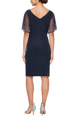 Plus Short Sheath Dress with Beaded Illusion Flutter Sleeves - alexevenings.com
