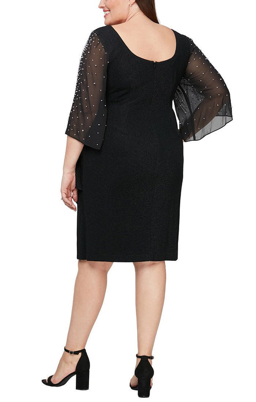 Plus Short Sheath Dress with Embellished Illusion Split Sleeves and Cascade Ruffle Detail Skirt - alexevenings.com