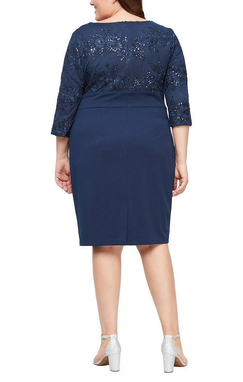 Plus Short Sheath Dress with Embroidered Surplice Neckline, 3/4 Sleeves and Tie Belt Detail - alexevenings.com