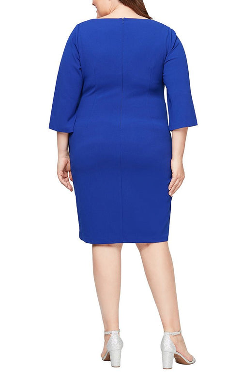 Plus Short Sheath Dress with Square Neckline, Split Sleeves and Beaded Detail at Hip - alexevenings.com