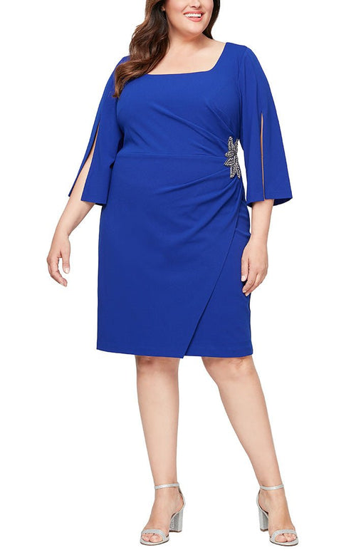 Plus Short Sheath Dress with Square Neckline, Split Sleeves and Beaded Detail at Hip - alexevenings.com