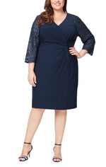 Plus - Short Surplice Neckline Sheath Dress with Embroidered Illusion Neckline/Sleeve and Knot Front Detail - alexevenings.com