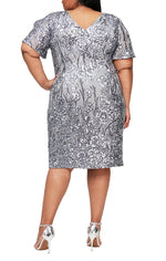 Plus Short V-Neck Sheath Sequin Dress with Cold Shoulder Flutter Sleeves - alexevenings.com