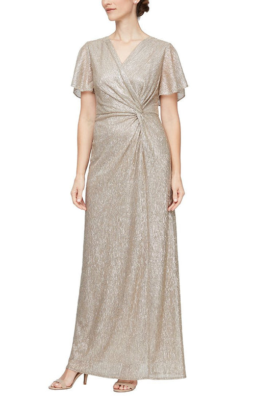 Plus Surplice Neckline Metallic Knit Dress with Knot Front Detail and Illusion Flutter Sleeves - alexevenings.com