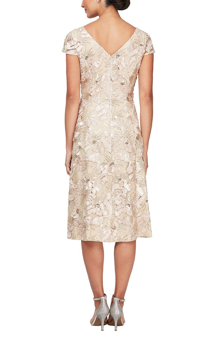 Plus Tea-Length A-Line Soutache Lace Dress with Illusion Cap Sleeves & Sequin Detail - alexevenings.com