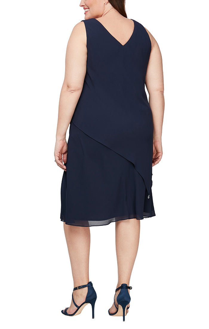 Plus Tea-Length Chiffon Dress with Asymmetric Overlay and Tiered Cascade Detail Open Jacket - alexevenings.com