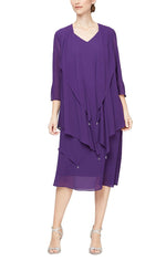 Plus Tea-Length Chiffon Dress with Asymmetric Overlay and Tiered Cascade Detail Open Jacket - alexevenings.com