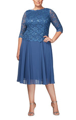 Plus Tea-Length Dress with Sequin Lace Bodice & Chiffon Skirt - alexevenings.com