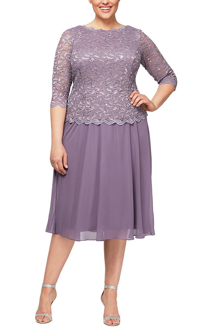 Plus Tea-Length Dress with Sequin Lace Bodice & Chiffon Skirt