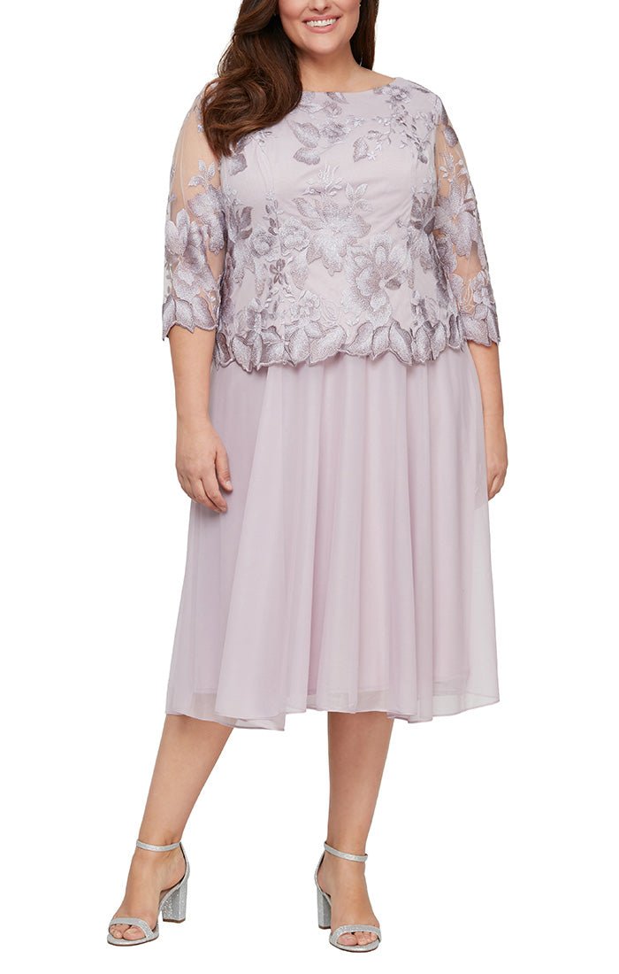 Plus Tea-Length Embroidered Dress with Illusion Sleeves, Scallop Detail and Full Skirt - alexevenings.com