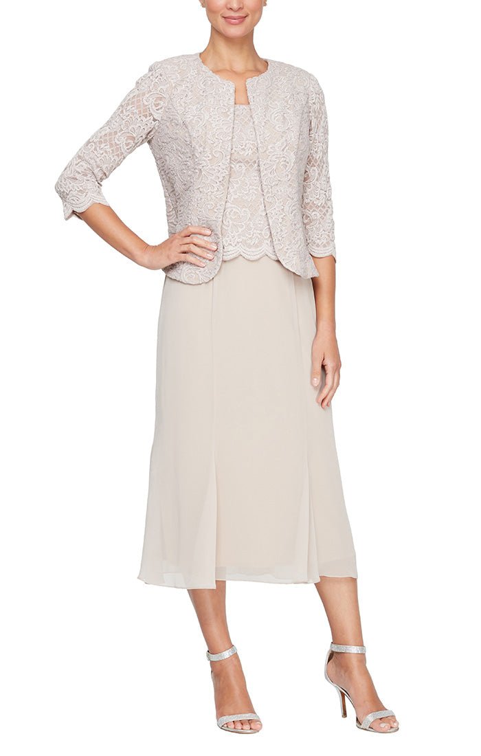 Plus - Tea-Length Jacket Dress with Scoop Neck Bodice, Open 3/4 Sleeve Jacket and Scallop Detail - alexevenings.com