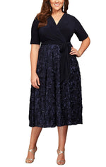 Plus Tea-Length Lace & Jersey Cocktail Dress with Full Rosette Lace Skirt and Tie Belt - alexevenings.com