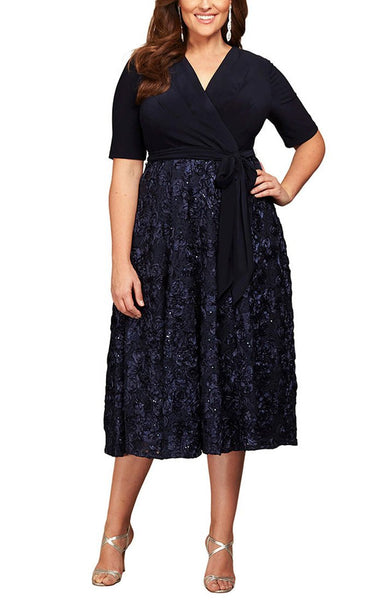 Plus Tea-Length Lace & Jersey Cocktail Dress with Full Rosette Lace Skirt  and Tie Belt