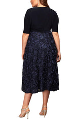Plus Tea-Length Lace & Jersey Cocktail Dress with Full Rosette Lace Skirt and Tie Belt - alexevenings.com
