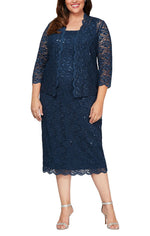 Plus Tea-Length Sheath Lace Dress with Sheer Lace Jacket with Sequin Detail - alexevenings.com
