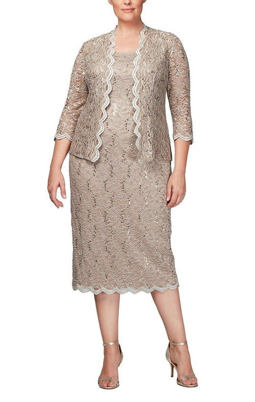 Plus - Tea-Length Sheath Lace Dress with Sheer Lace Jacket with Sequin Detail - alexevenings.com